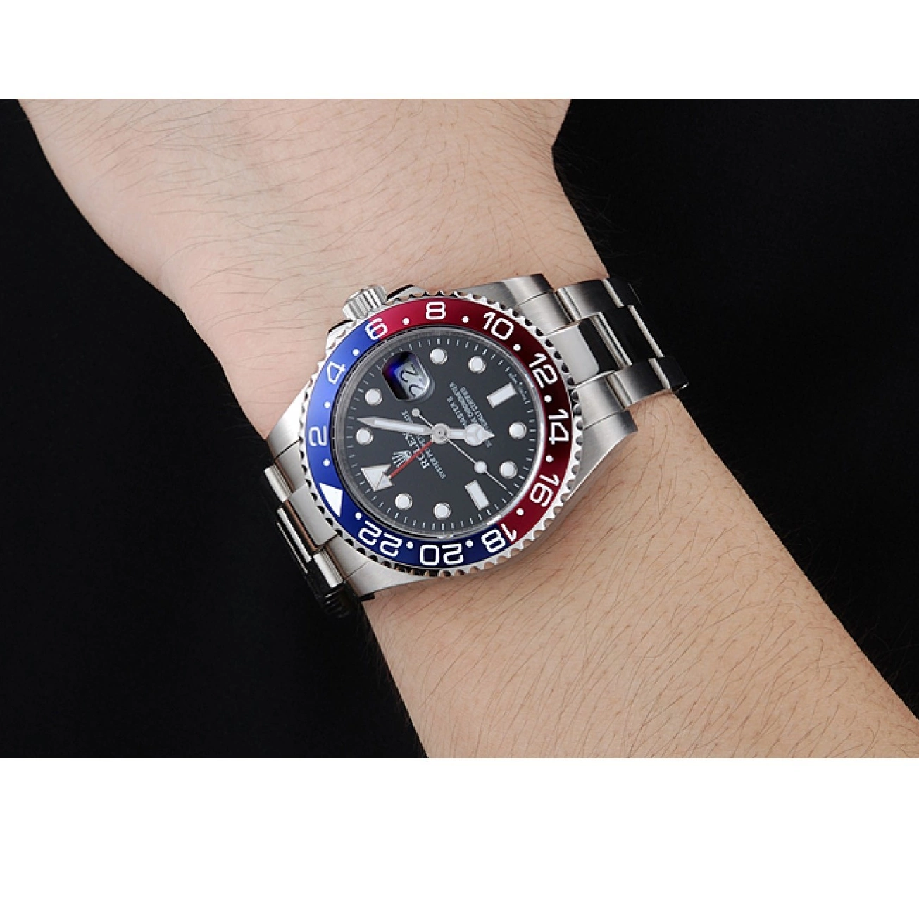 Aaa replica watch Master Watch Rose GMT Blue Black Bezel II Rolex Red Dial 0803